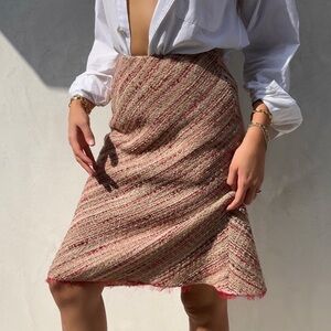 Vintage Prada FW 2000 Tweed Boucle Wool Mohair Knit Knee Length Midi Skirt Red